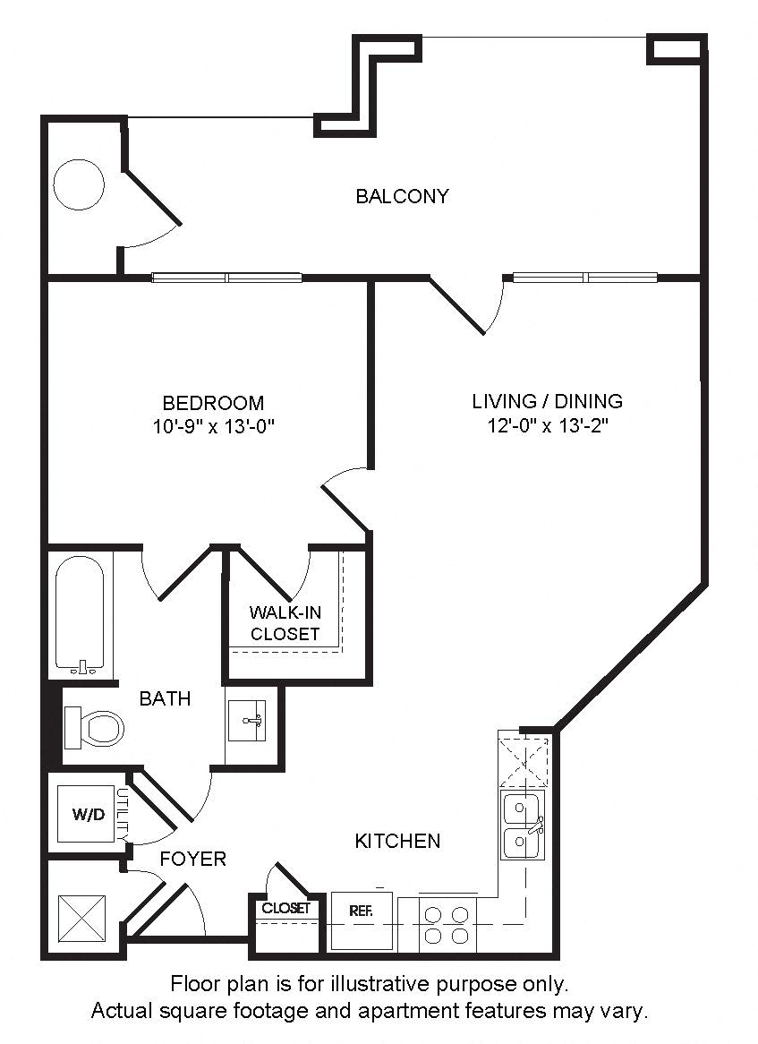 Floor plan for 1 bed, 1 bath, 725 sqft